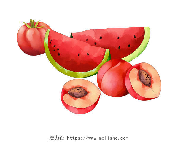 红色手绘卡通西瓜水蜜桃水果夏天元素PNG素材